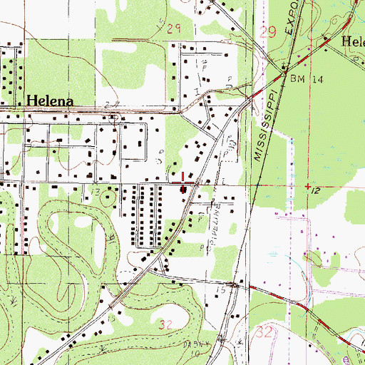Topographic Map of Helena First Baptist Church, MS