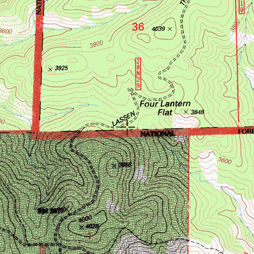 Topographic Map of Four Lantern Flat, CA
