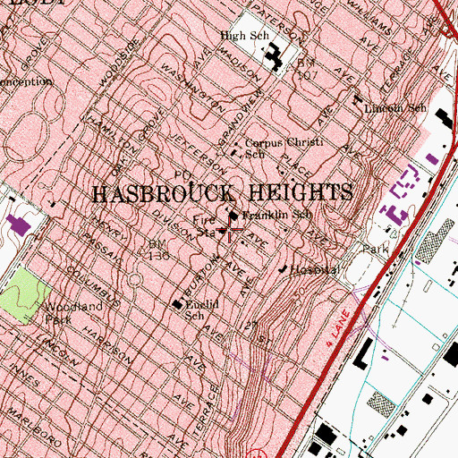 Topographic Map of Hasbrouck Heights Fire Department, NJ
