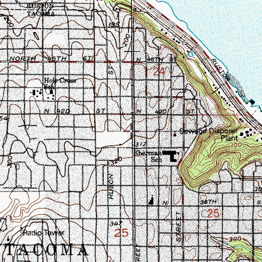 Topographic Map of Tacoma Fire Department Station 14, WA