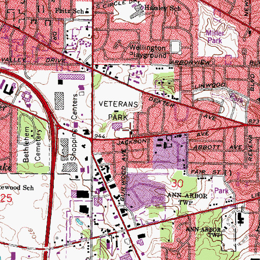 Topographic Map of Ann Arbor Fire Department Station 3, MI