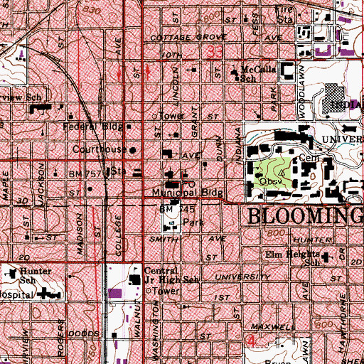 Topographic Map of Bloomington Fire Department Station 1, IN