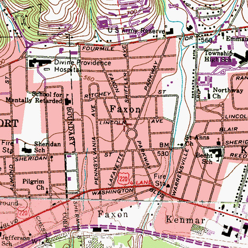 Topographic Map of Faxon Census Designated Place, PA