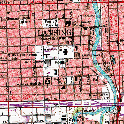 Topographic Map of Lansing Post Office, MI