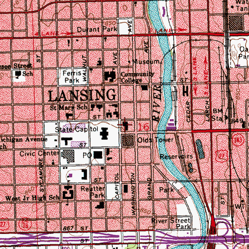 Topographic Map of Lansing City Hall, MI