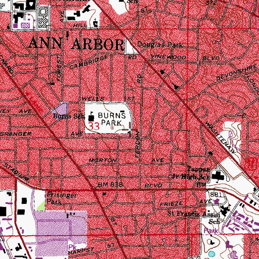 Topographic Map of Ann Arbor Unitarian Fellowship, MI