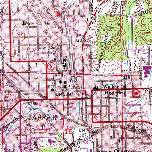 Topographic Map of Jasper Fire Department Station 1, AL