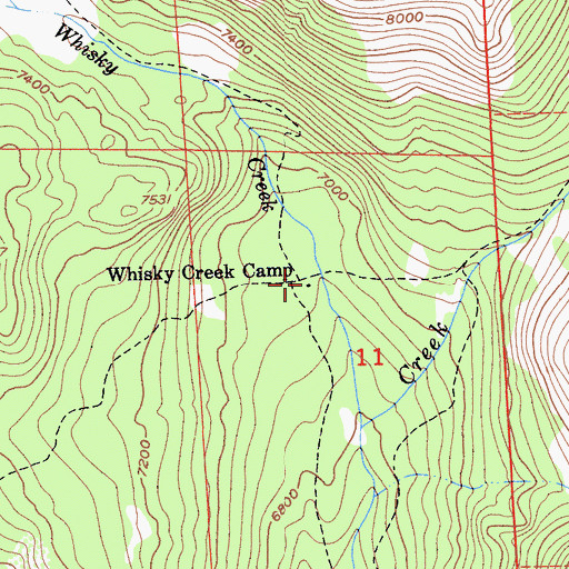 Topographic Map of Whisky Creek Camp, CA