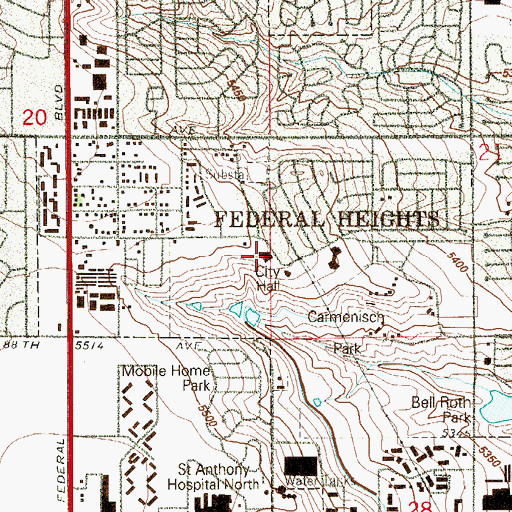 Topographic Map of Federal Heights City Hall, CO