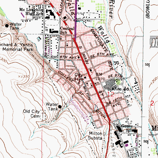 Topographic Map of Milton - Freewater Municipal Court, OR