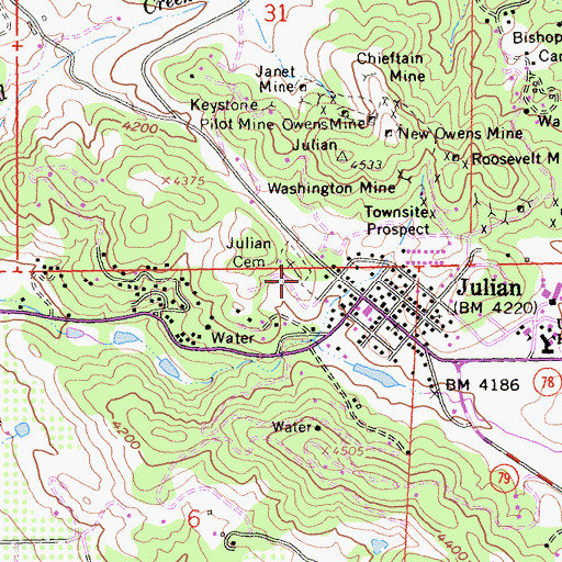 Topographic Map of Julian Pioneer Cemetery, CA