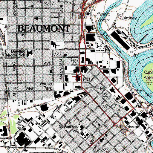 Topographic Map of Downtown Beaumont Post Office, TX