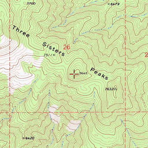 Topographic Map of Three Sisters Peaks, CA