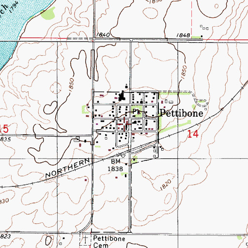 Topographic Map of Pettibone Post Office, ND