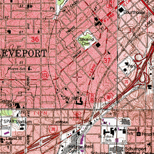 Topographic Map of Shreveport City Jail, LA
