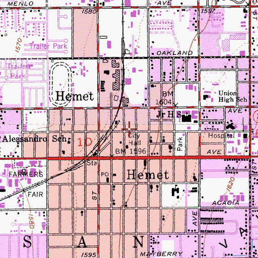 Topographic Map of Hemet Police Department, CA