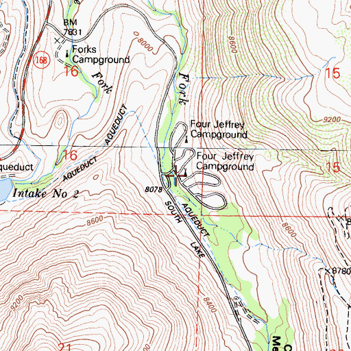 Topographic Map of Four Jeffrey Campground, CA