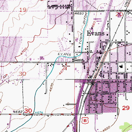 Topographic Map of Evans Police Department, CO