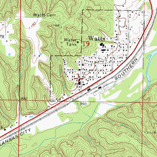 Topographic Map of Watts Police Department, OK