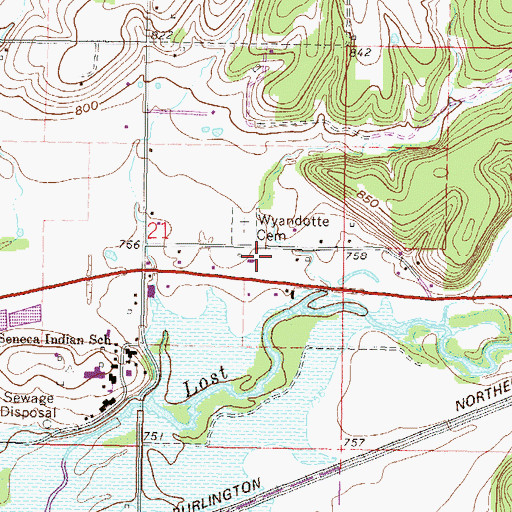Topographic Map of Wyandotte Tribal and Municipal Police Department, OK