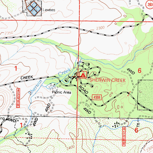 Topographic Map of Sherwin Creek Campground, CA