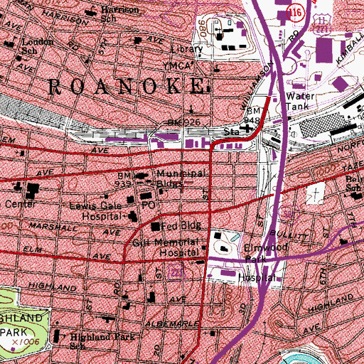 Topographic Map of Downtown Roanoke Post Office, VA