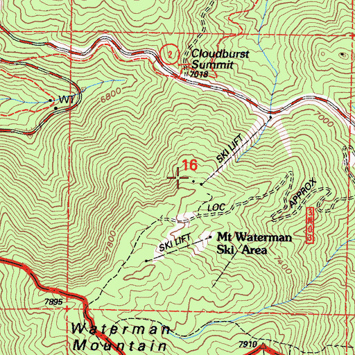 Topographic Map of Mount Waterman Ski Area, CA