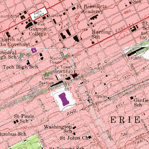 Topographic Map of Downtown Erie Post Office, PA