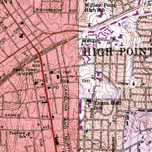 Topographic Map of High Point Post Office, NC