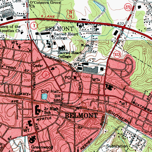 Topographic Map of Belmont Post Office, NC