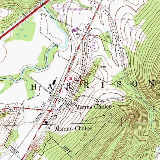 Topographic Map of Manns Choice Post Office, PA