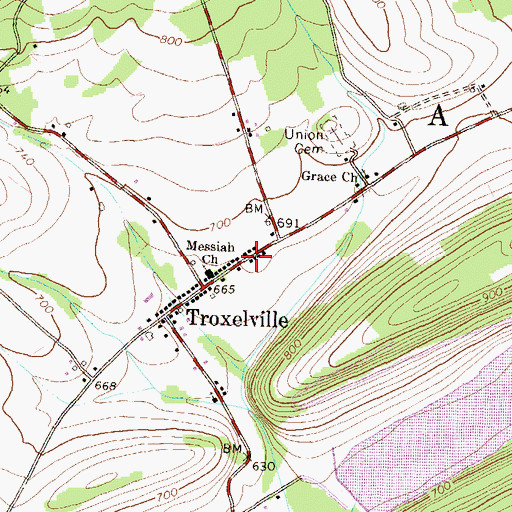 Topographic Map of Troxelville Post Office, PA