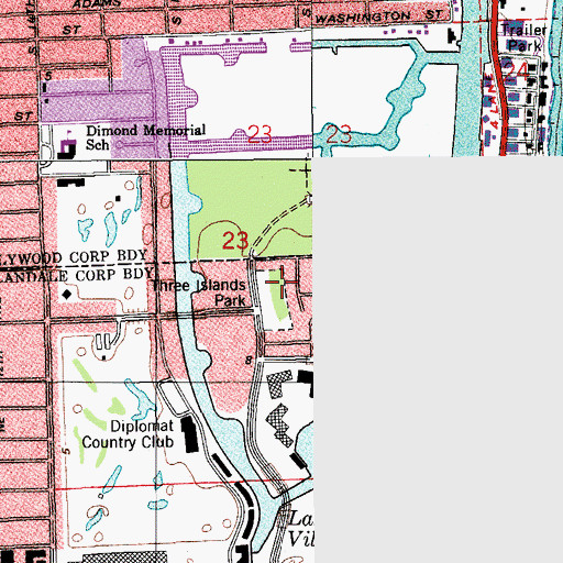 Topographic Map of Three Islands Park, FL