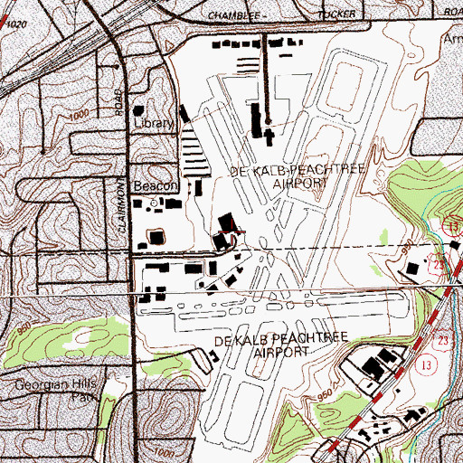Topographic Map of Dekalb-Peachtree Airport, GA