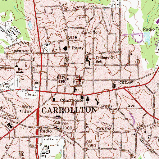 Topographic Map of Carrollton Post Office, GA