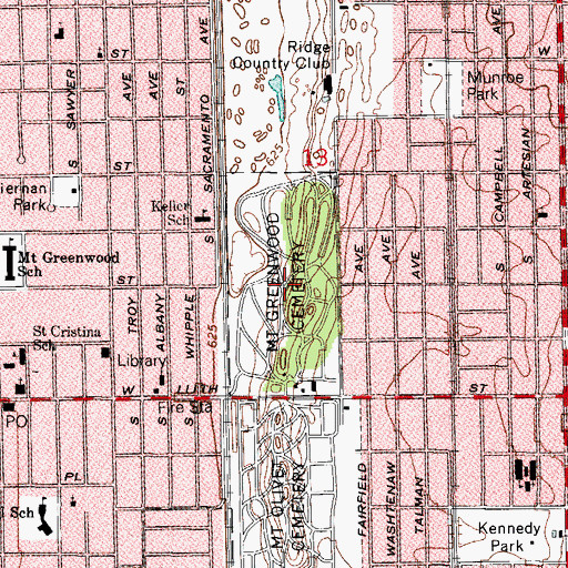 Topographic Map of Mount Greenwood Cemetery, IL