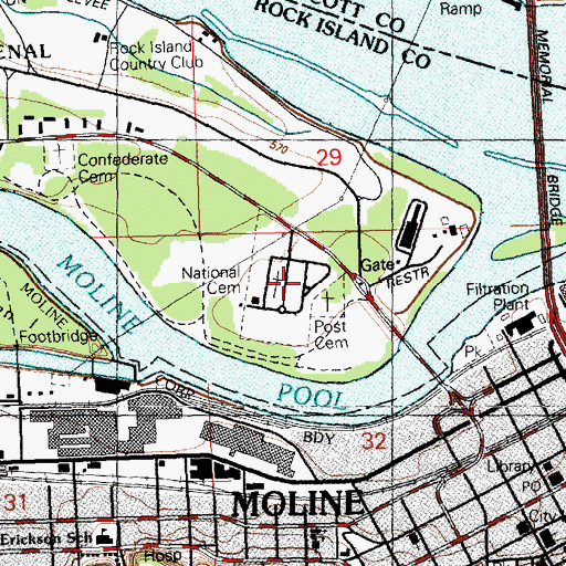 Topographic Map of Rock Island National Cemetery, IL