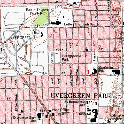 Topographic Map of Evergreen Aqua Park, IL