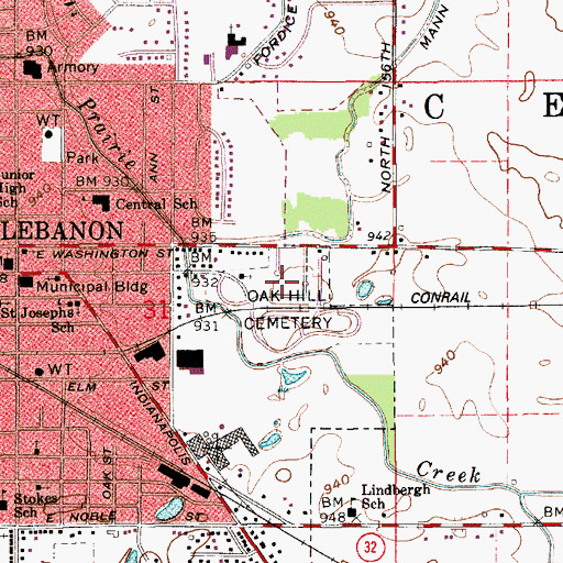 Topographic Map of Oak Hill Cemetery, IN