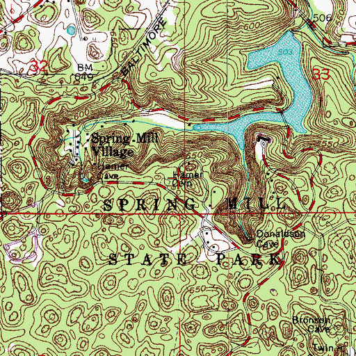 Topographic Map of Spring Mill State Park, IN