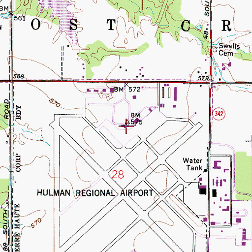 Topographic Map of Terre Haute International Airport-Hulman Field, IN