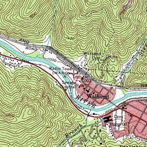 Topographic Map of WANO-AM (Pineville), KY