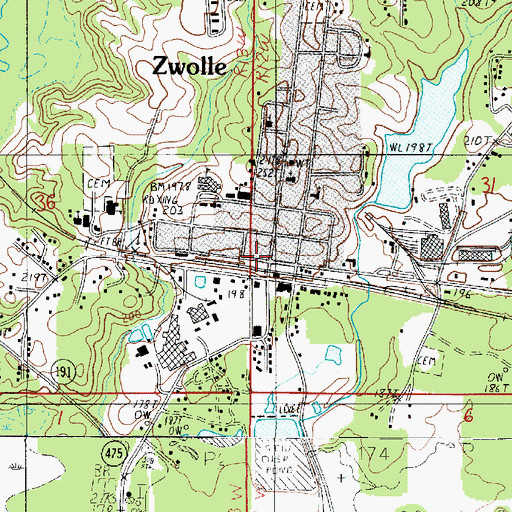 Topographic Map of Zwolle, LA