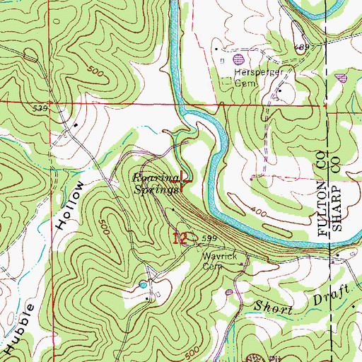 Topographic Map of Roaring Springs, AR