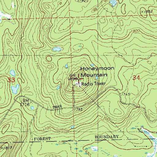 Topographic Map of Honeymoon Mountain, MN