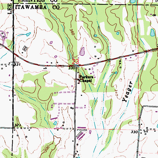 Topographic Map of Parkers Chapel, MS