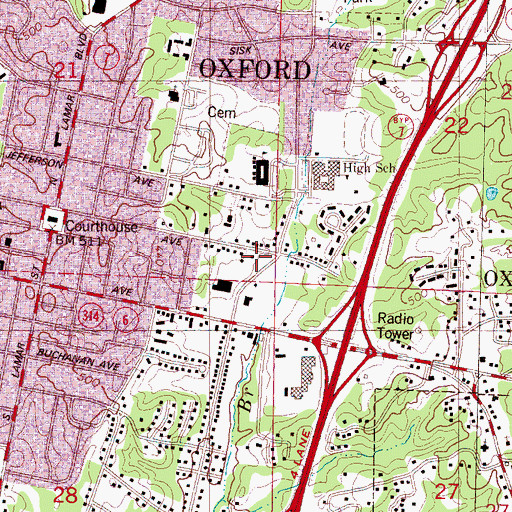 Topographic Map of Oxford-Lafayette Public Library, MS