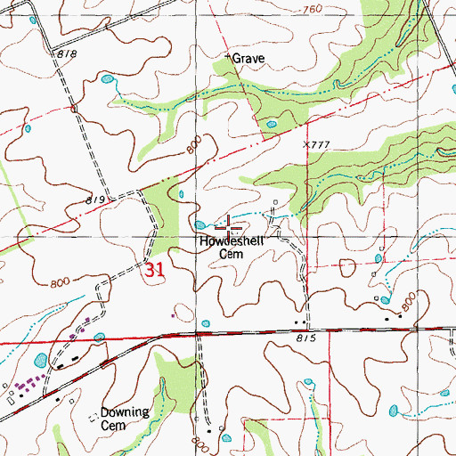Topographic Map of Howdeshell Cemetery, MO
