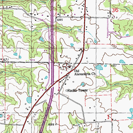 Topographic Map of Old Alexandria Church, MO