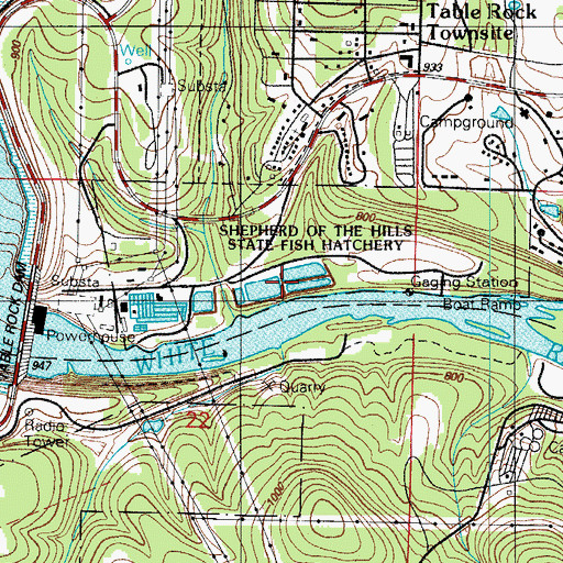 Topographic Map of Shepherd of the Hills Fish Hatchery, MO